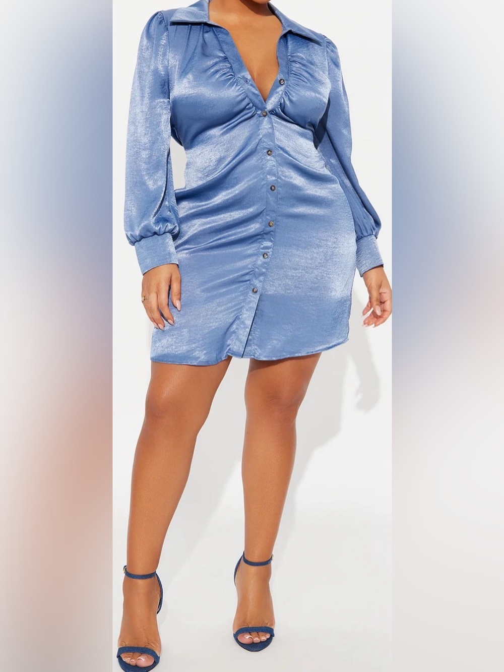 Shimmer Satin Ruched Button-Front Long Sleeve Dress in Light Blue